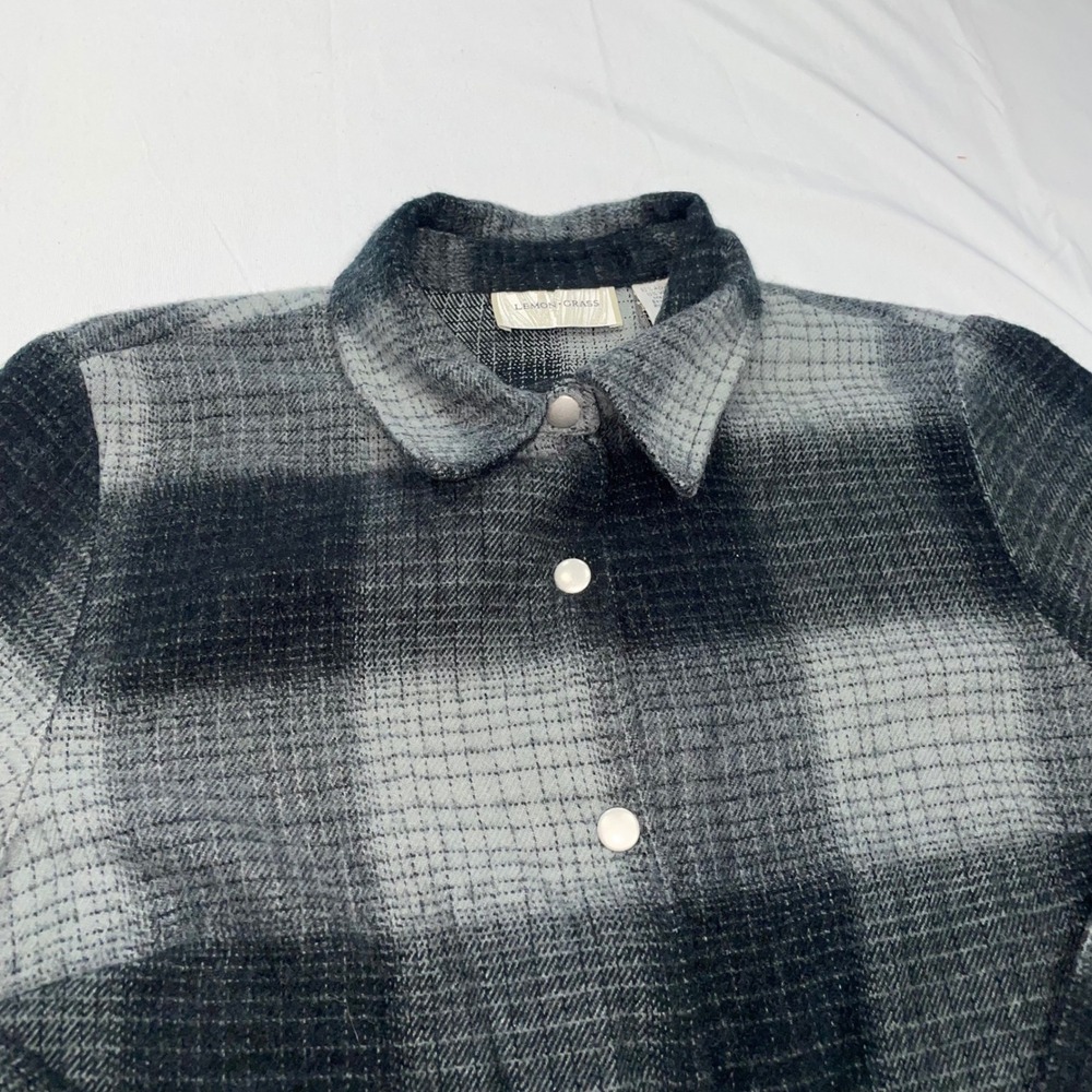Lemon Grass Womens Plaid Button Front Jacket‎ Grey Black Wool Blend Medium